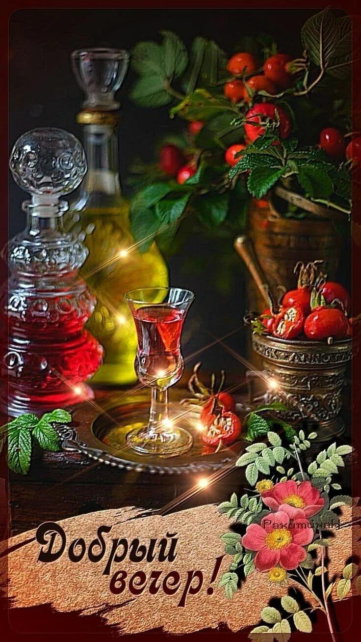 Открытка «Добрый вечер и пожелания»: Уютный вечер: поздравительная открытка с шиповником. Тэги: Доброго вечера и хоро…