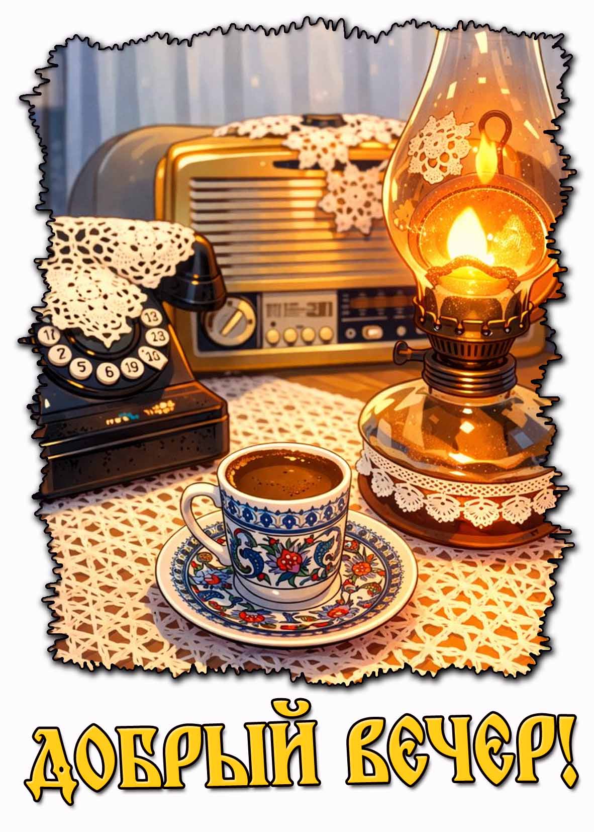 Открытка «Старинный»: «Добрый вечер»! Уютное ретро с кофе.. Тэги: Добрый вечер и пожелания, Добрый вечер красивые…