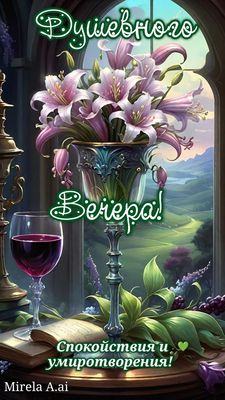 Открытка «Пожелание»: Душевного Вечера! Красивая открытка с цветами и вином. Тэги: красивая, цветок, уют, окно…