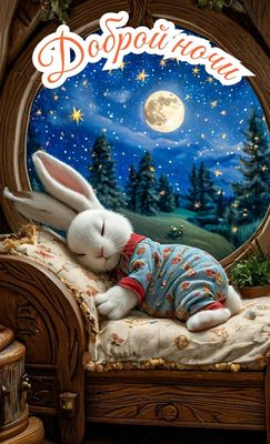 Открытка «Животное»: Добрый ночи! Милый зайчик спит в кроватке. Тэги: пожелание, красивая, окно, нежная, подушка…