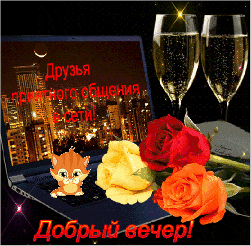 Открытка «Кот»: Добрый вечер, друзья! Приятного общения!. Тэги: пожелание, улыбка, красивая, кофе, позитив, радость…