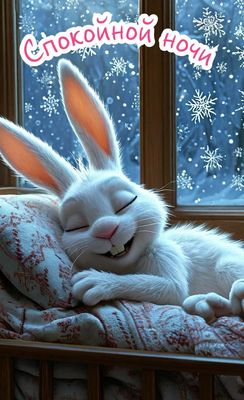 Открытка «Животное»: Спокойной ночи: милый кролик и зимний сон. Тэги: пожелание, улыбка, позитив, окно, ребенок…
