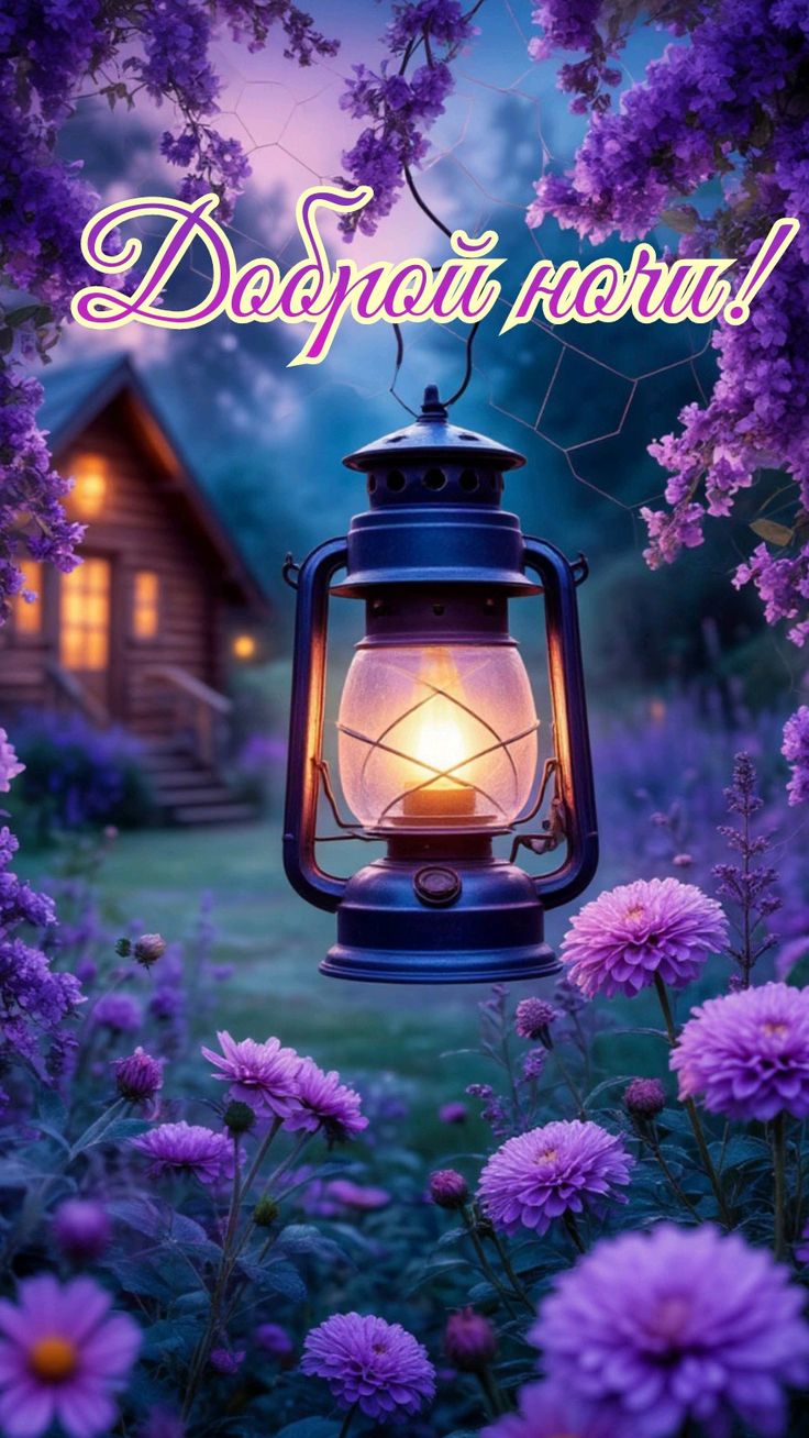 Открытка «Красивая»: Добрый ночи! Уютный уголок с фонарем и цветами. Тэги: цветок, фонарь, домик, настроение, нежная…