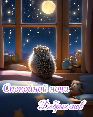 Открытка «Животное»: Милый ежик смотрит на ночь: Спокойной ночи, добрых снов!. Тэги: пожелание, красивая, позитив…