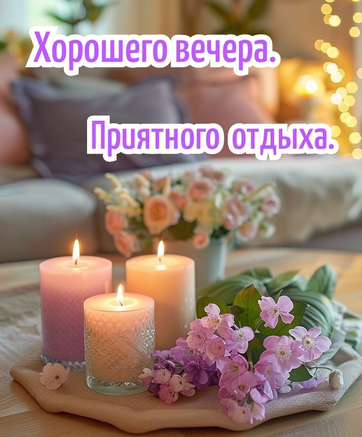 Открытка «Пожелание»: Добрый вечер и приятный отдых с нежными цветами. Тэги: красивая, позитив, радость, цветок…