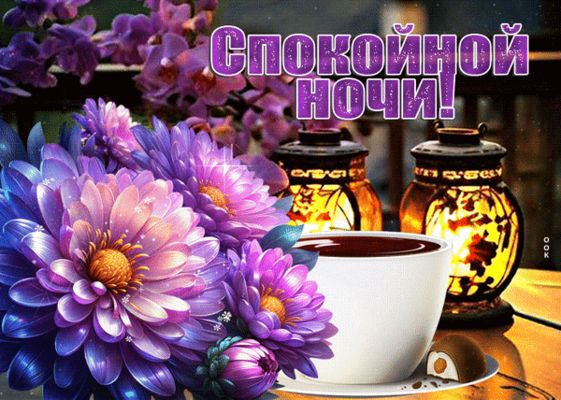 Открытка «Пожелание»: Спокойной ночи! Нежная открытка с цветами. Тэги: красивая, кофе, цветок, чашка, фонарь, настрое…