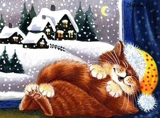 Открытка «Кот»: Сладких снов: уютный кот под снегопад. Тэги: животное, шапка, окно, настроение, зима, природа, милая…