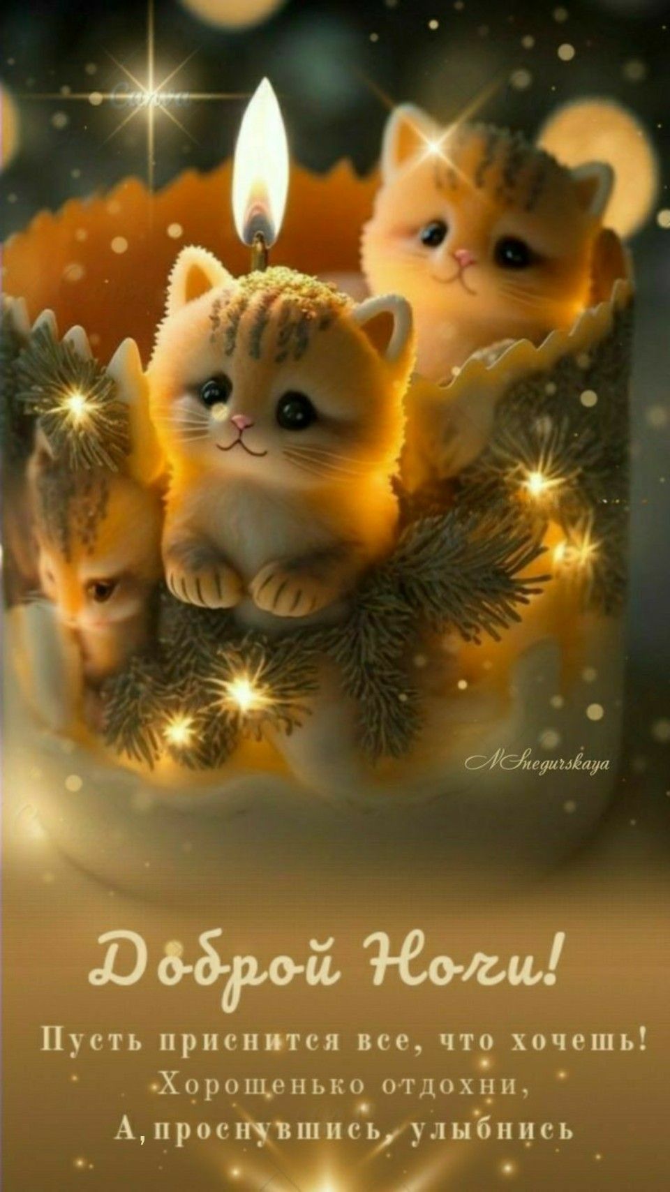 Открытка «Кот»: Добрый Ночи! Милые котята в свече. Пожелание.. Тэги: животное, пожелание, красивая, настроение…