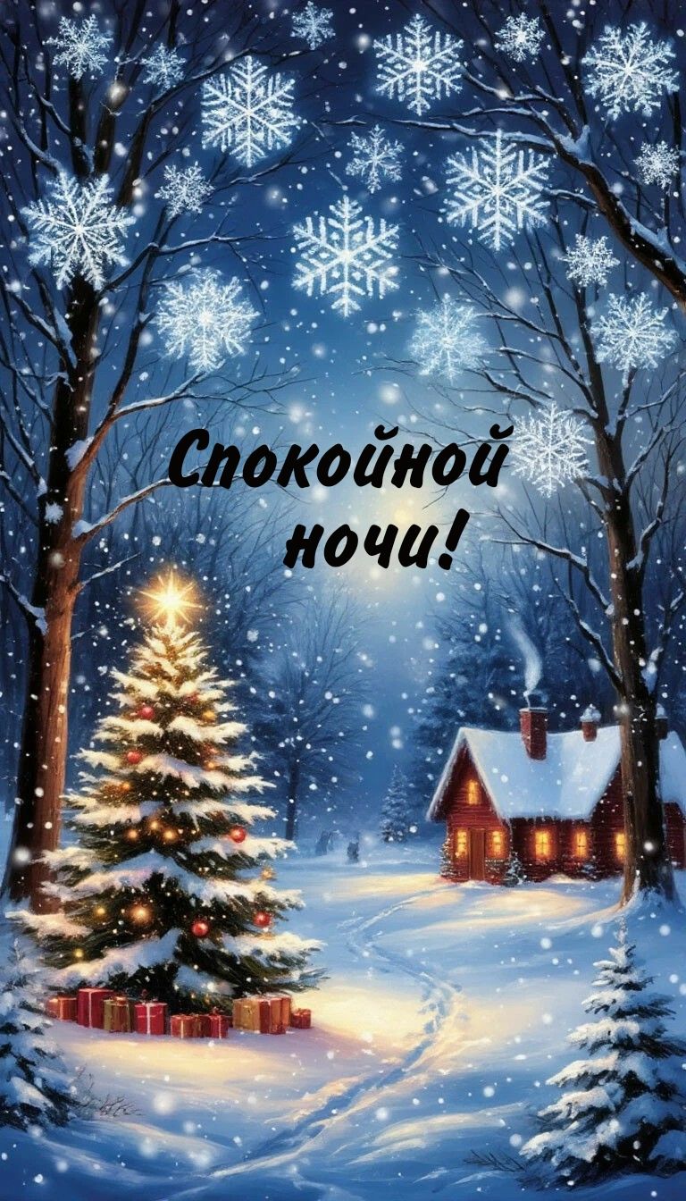 Открытка «Красивая»: Красивая зимняя ночь: Спокойной ночи с уютом и снегом. Тэги: домик, зима, природа, праздник, снег…