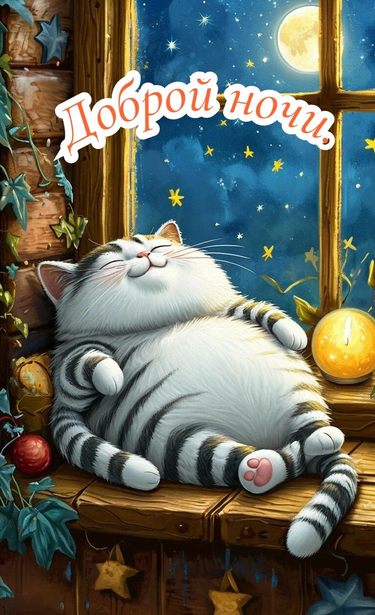 Открытка «Кот»: Доброй ночи, котик! Милая картинка с котом. Тэги: животное, пожелание, настроение, милая, подоконник…