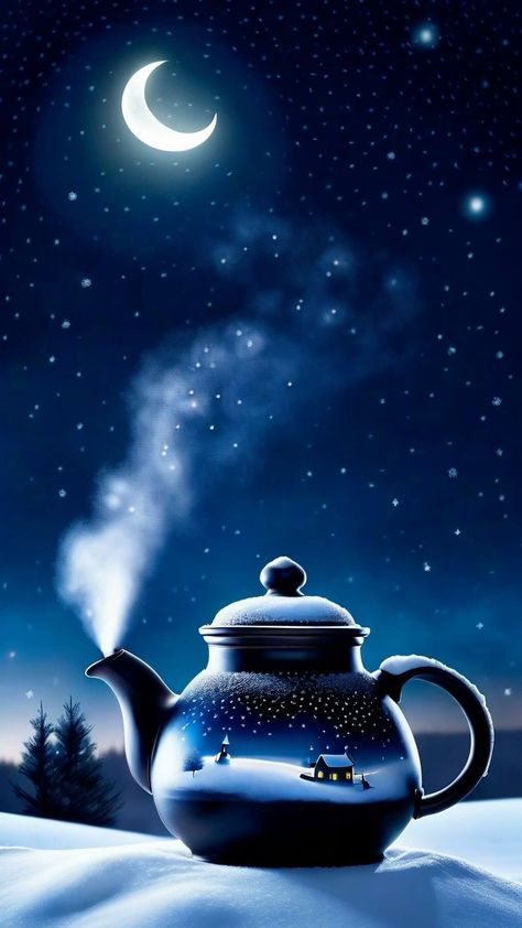 Открытка «Красивая»: Добрый вечер: зимний пейзаж и тёплый чай. Тэги: чай, нежная, зима, природа, милая, снег, чайник…