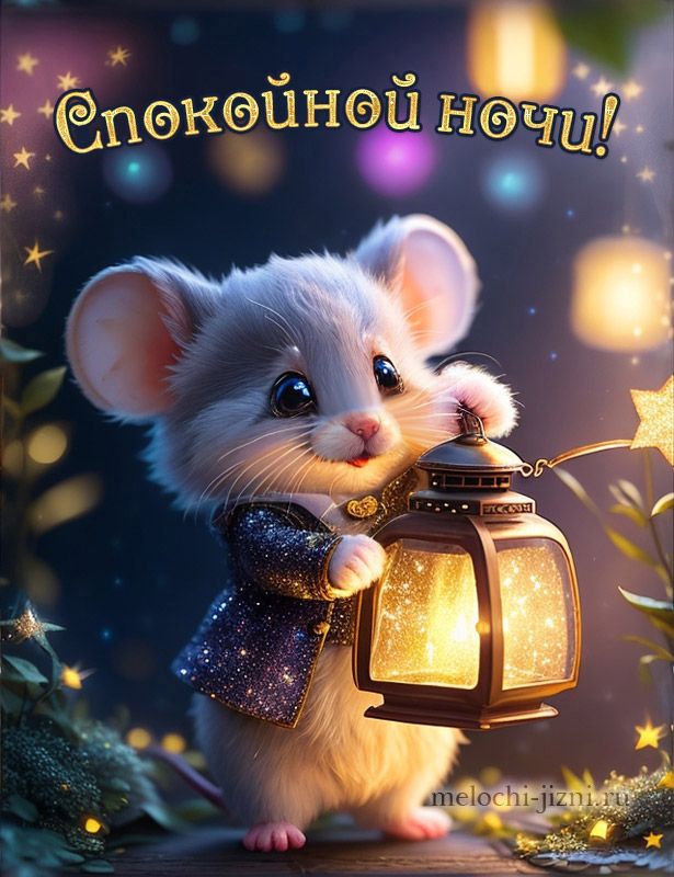 Открытка «Животное»: Спокойной ночи: милый мышонок с фонариком. Тэги: пожелание, прикольная, красивая, уют, сказка…