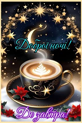 Открытка «Пожелание»: Добрая ночь и сладких снов. Тэги: красивая, кофе, сердце, чашка, благополучие, яркая, ночь, луна…