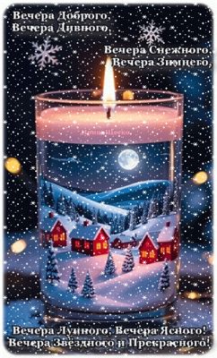 Открытка «Тепло»: Вечера доброго! Красивая свеча с зимним пейзажем. Тэги: сказка, зима, добрый вечер, свеча, уютный…