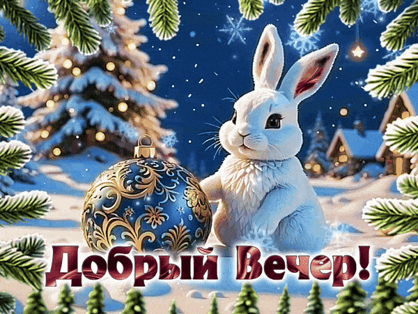 Открытка «Зима»: Добрый вечер, зайка! Новогоднее чудо. Тэги: дерево, новый год, праздник, снег, игрушка, лес, снеговик…