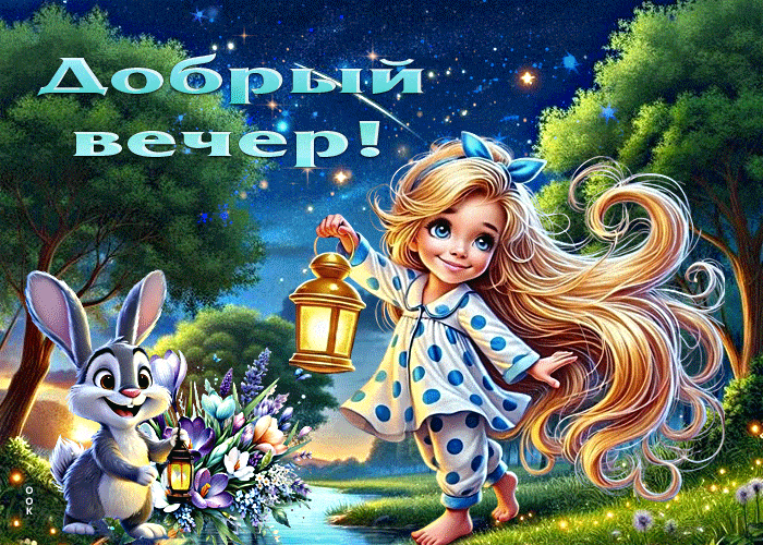 Открытка «Уют»: Сладких снов! Милая сказочная иллюстрация. Тэги: фонарь, сказка, девочка, лес, добрый вечер, вечер…