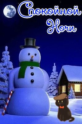 Открытка «Кот»: Спокойной Ночи: Зимний Уют и Милый Котёнок. Тэги: пожелание, домик, настроение, нежная, зима, милая…