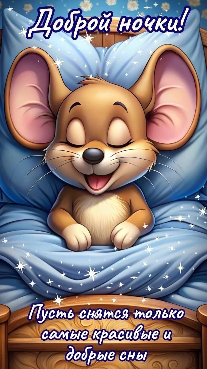 Открытка «Животное»: Добрый ночи! Милая открытка со спящим мышонком. Тэги: красивая, уют, подушка, милая, сон, мышонок…