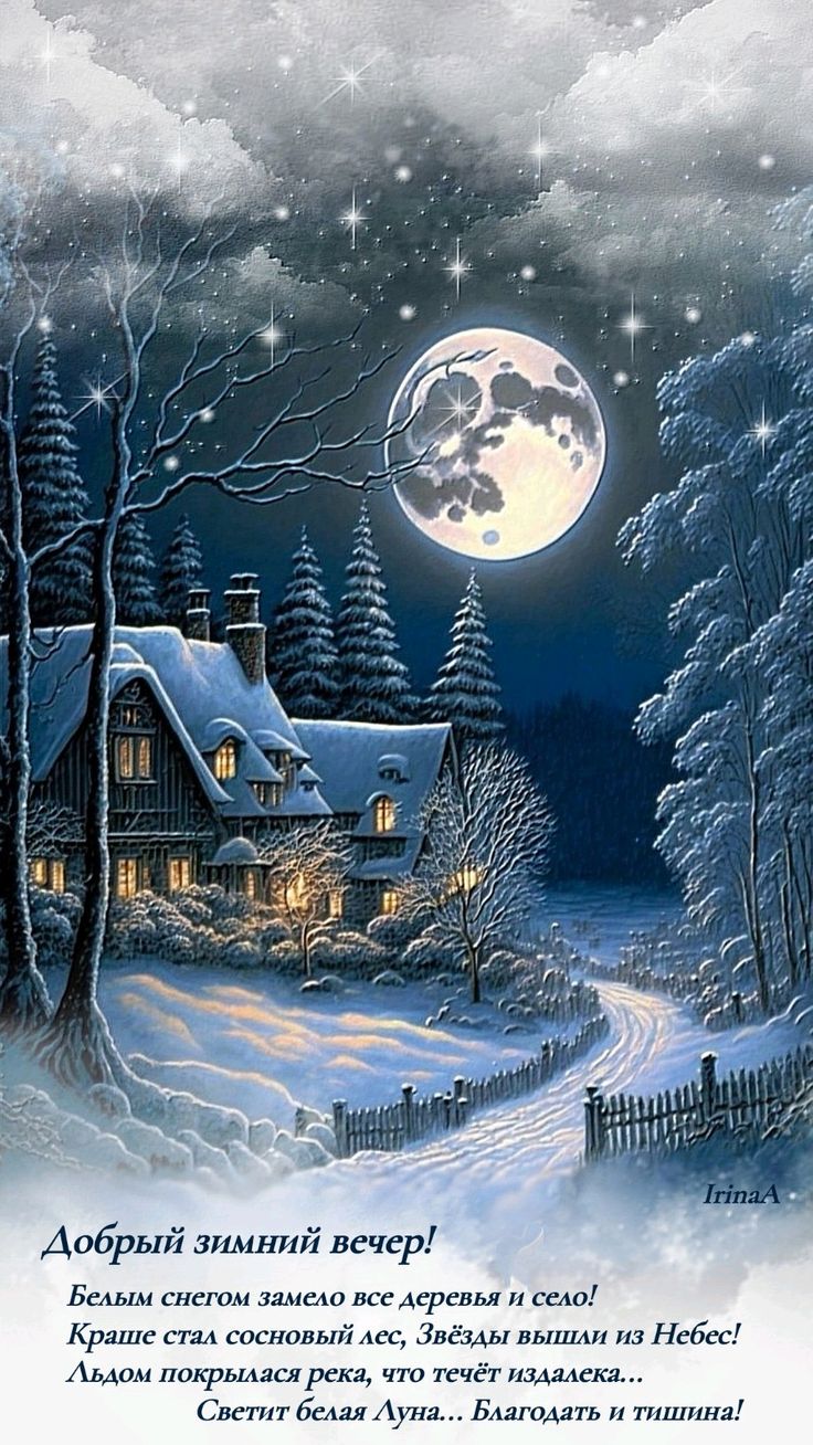 Открытка «Красивая»: Добрый зимний вечер: сказка и лунный свет. Тэги: нежная, зима, природа, оригинальная, дорога, ель…