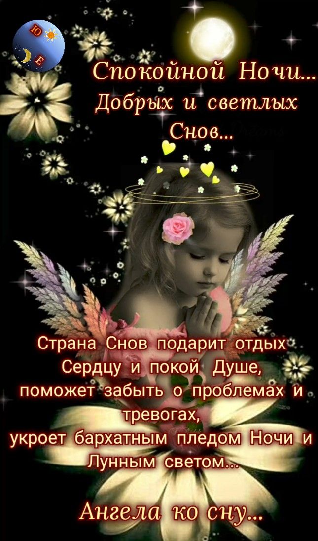 Открытка «Пожелание»: Спокойной ночи, добрых и светлых снов с ангелом. Тэги: красивая, цветок, нежная, милая, девочка…