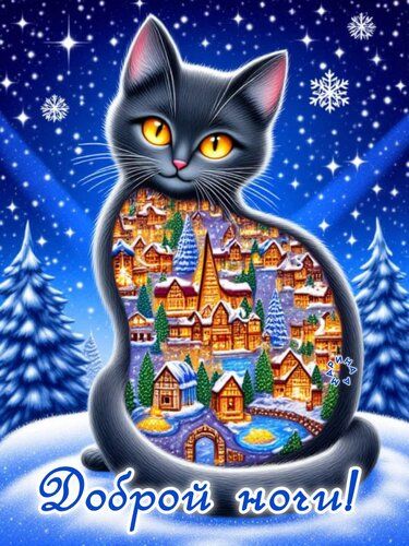 Открытка «Кот»: Доброй ночи: Зимний кот и сказочный городок. Тэги: животное, сказка, зима, природа, снег, дом, деревня…