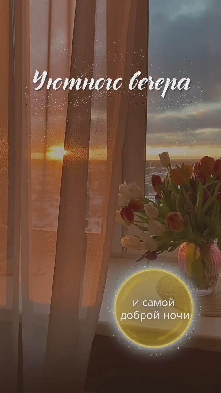 Открытка «Пожелание»: Уютного вечера и доброй ночи. Тэги: цветок, окно, настроение, подоконник, тюльпан, букет, вечер…