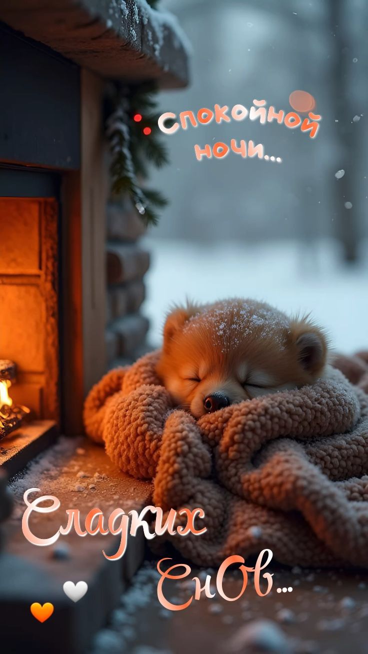 Открытка «Кот»: Спокойной ночи и сладких снов. Тэги: животное, красивая, тепло, зима, милая, снег, спокойствие, плед…