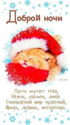 Открытка «Доброй ночи»: Добрый ночи: милый котёнок в новогодней шапке. Тэги: Спокойной ночи, интересный, Доброй и спо…