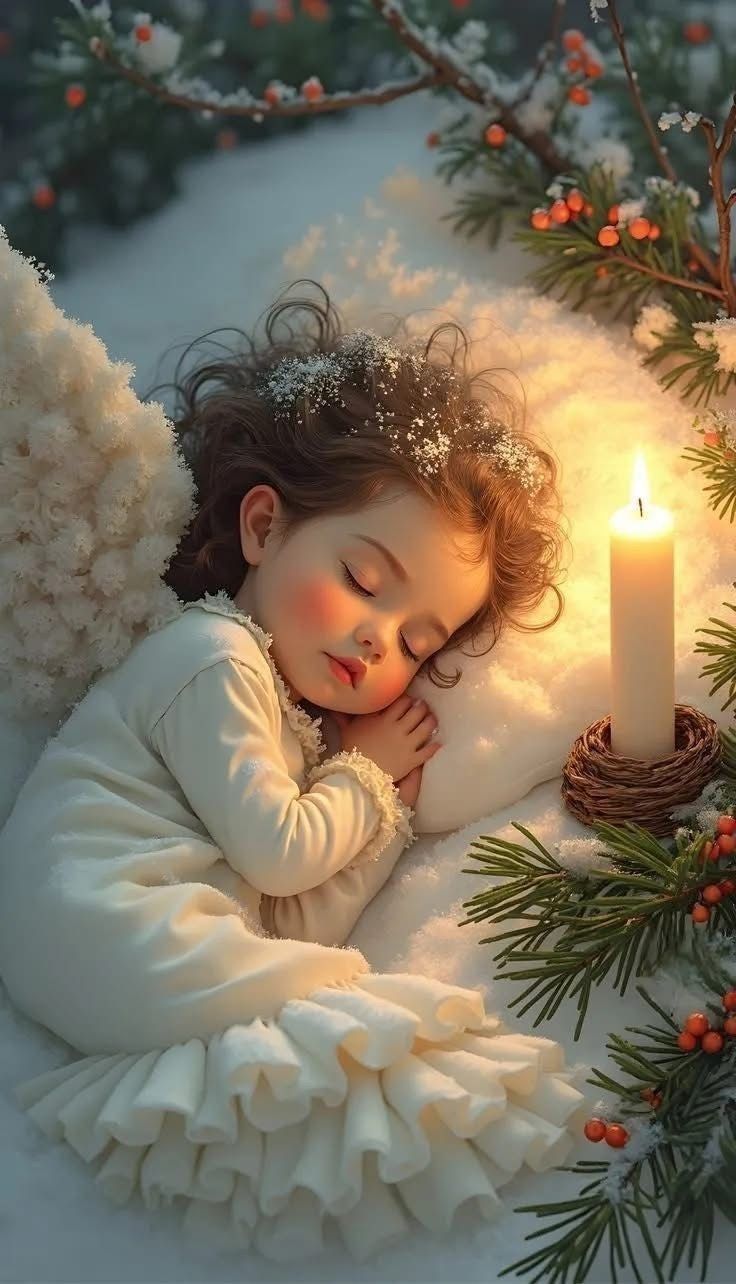 Открытка «Красивая»: Красивая открытка: спящий ребенок ангел и свеча. Тэги: ребенок, нежная, зима, милая, девочка…