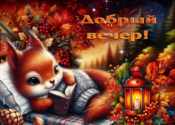 Открытка «Добрый вечер и пожелания»: Добрый вечер и уютное настроение с белочкой. Тэги: Добрый вечер красивые, Доброг…