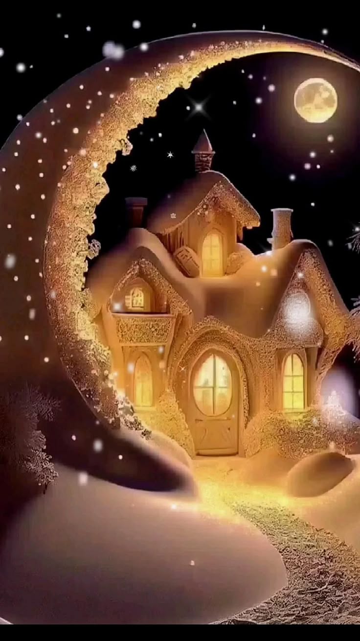 Открытка «Красивая»: Уютный зимний вечер: сказочный домик под луной. Тэги: уют, сказка, зима, мечта, оригинальная…