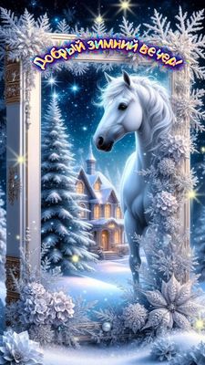 Открытка «Добрый вечер и пожелания»: Добрый зимний вечер! Волшебный белый конь. Тэги: Добрый зимний вечер, Добрый веч…