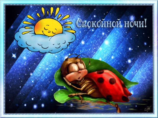 Открытка «Животное»: Спокойной ночи! Милая божья коровка и доброе солнышко. Тэги: пожелание, красивая, настроение…