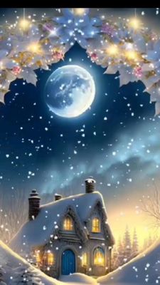 Открытка «Красивая»: Добрый вечер: уютный зимний пейзаж с домом и луной. Тэги: окно, настроение, нежная, зима, свет…