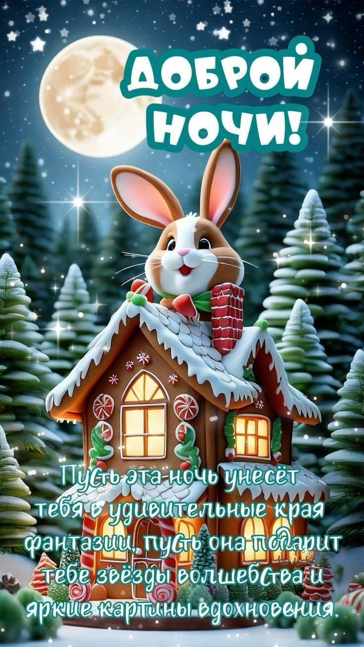 Открытка «Животное»: Доброй ночи: Заяц на пряничном домике под луной. Тэги: уют, сказка, зима, милый, снег, красивый…