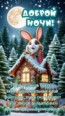 Открытка «Животное»: Доброй ночи: Заяц на пряничном домике под луной. Тэги: уют, сказка, зима, милый, снег, красивый…