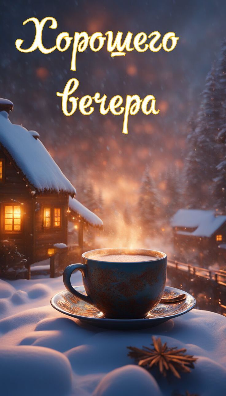 Открытка «Красивая»: Хорошего вечера: уютная открытка с кофе и зимой. Тэги: кофе, уют, чашка, настроение, нежная, зима…