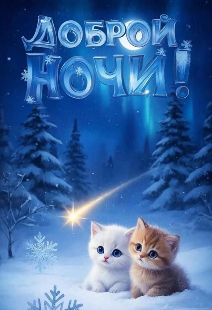 Открытка «Кот»: Доброй ночи: милые котята и падающая звезда. Тэги: животное, пожелание, красивая, настроение, нежная…