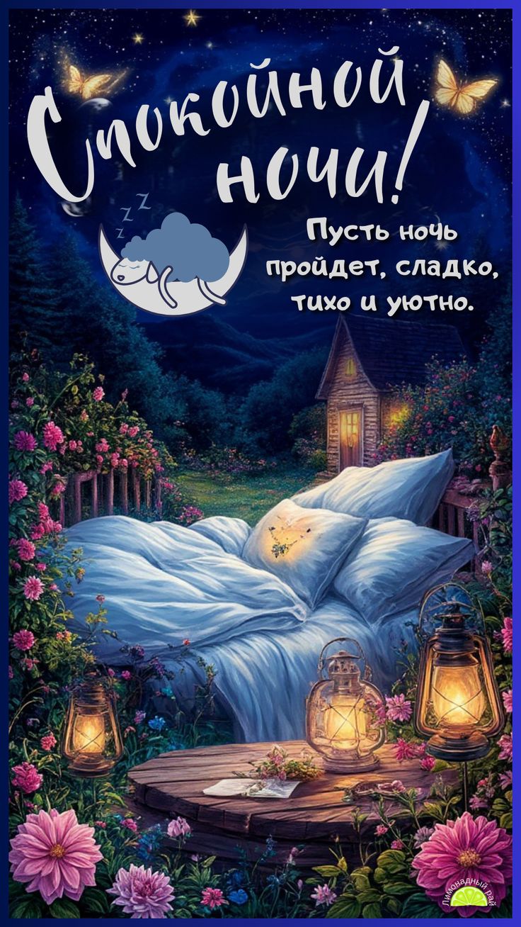 Открытка «Пожелание»: Спокойной ночи! Уютный сон в сказочном саду. Тэги: красивая, цветок, фонарь, домик, настроение…