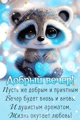 Открытка «Животное»: Добрый вечер с милым енотом и пожеланием любви. Тэги: пожелание, красивая, позитив, радость…