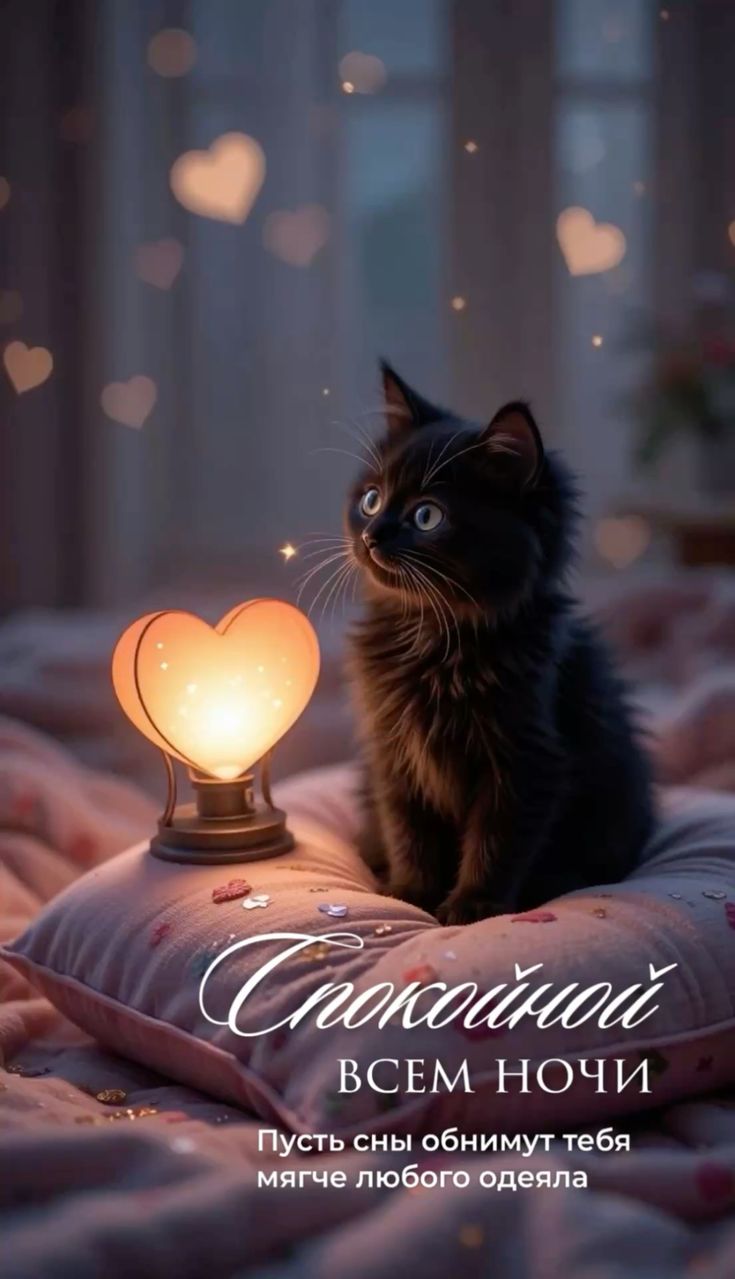 Открытка «Кот»: Спокойной ночи: милый кот и светлое сердце. Тэги: животное, пожелание, сердце, настроение, нежная…