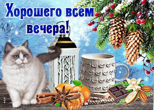 Открытка «Добрый вечер и пожелания»: Добрый вечер и уютные зимние пожелания. Тэги: Добрый зимний вечер, Доброго вечер…