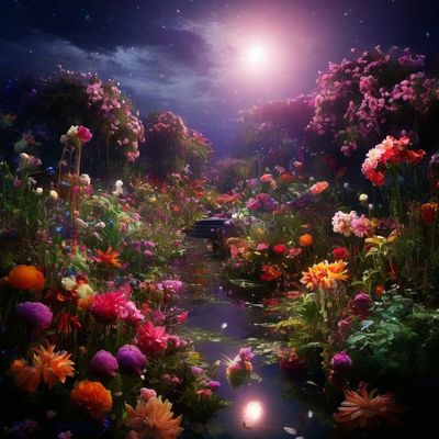 Открытка «Красивая»: Красивая ночь в цветущем саду, волшебное настроение. Тэги: радость, цветок, настроение, нежная…