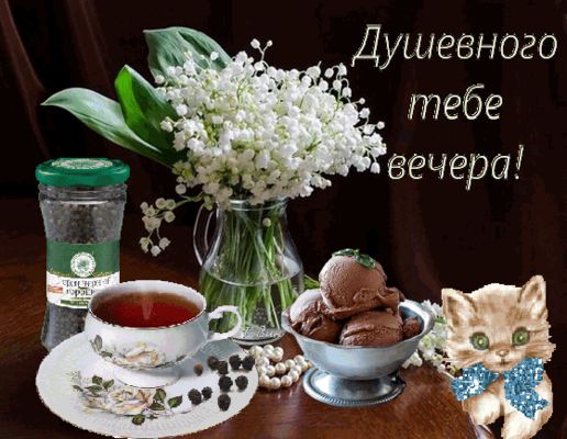 Открытка «Кот»: Душевного вечера и приятного чаепития. Тэги: животное, пожелание, кофе, чай, чашка, настроение, ягода…