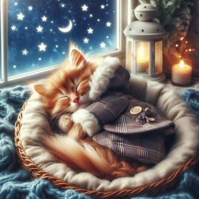 Открытка «Доброй ночи»: Сладких снов: милый котик зимой. Тэги: Спокойной ночи, Спокойной ночи, с пожеланиями, Доброй…