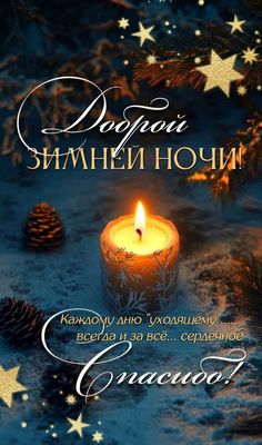 Открытка «Пожелание»: Доброй зимней ночи! Уютное пожелание. Тэги: красивая, зима, снег, шишка, звезда, свеча, еловая…