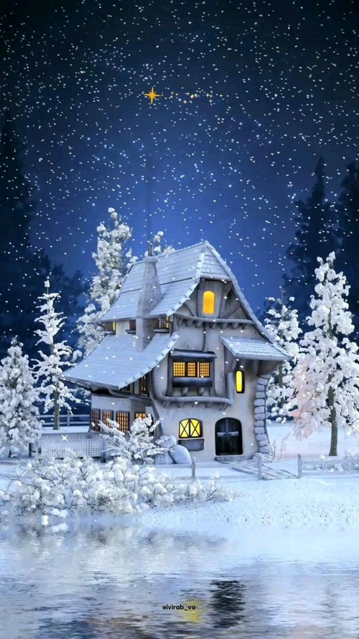 Открытка «Красивая»: Уютная зимняя ночь: красавица, дом и снег. Тэги: нежная, зима, дерево, снег, лес, дом, небо…