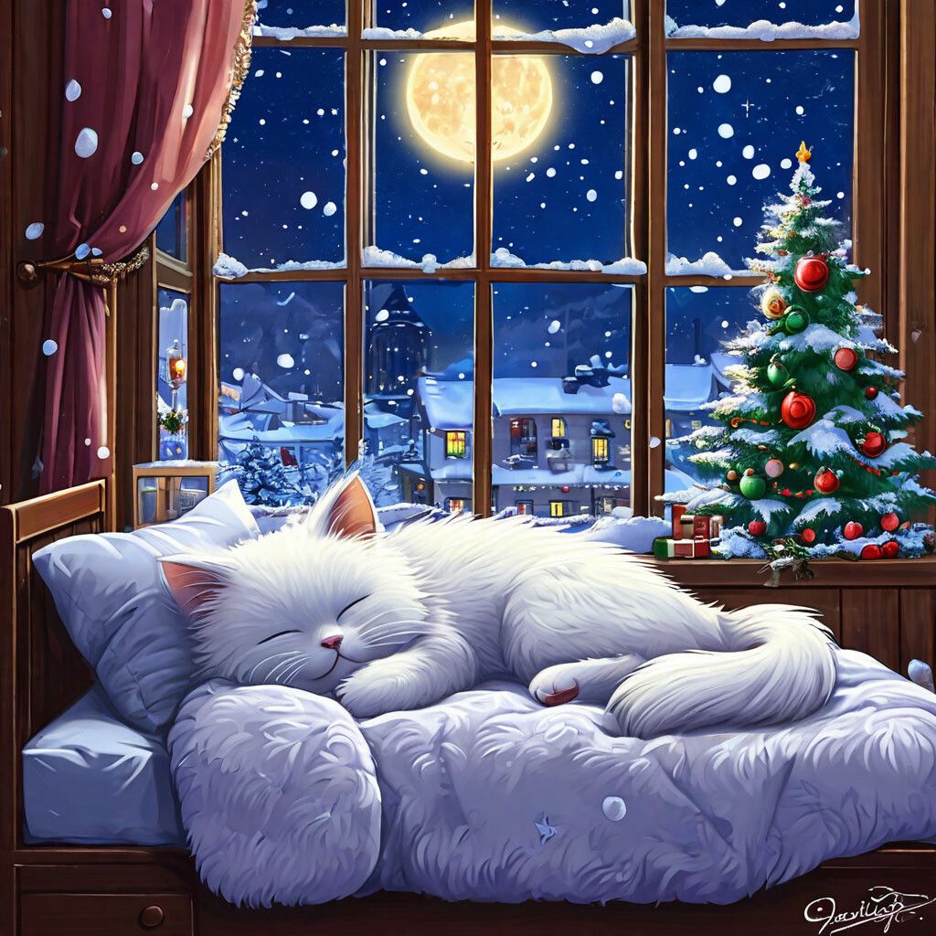 Открытка «Кот»: Уютный вечер: спящий кот и зимний пейзаж за окном. Тэги: животное, красивая, окно, настроение, зима…