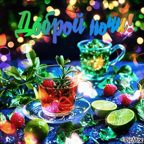 Открытка «Пожелание»: Доброй ночи! Открытка с чаем и ягодами. Тэги: чай, напиток, настроение, малина, ягода, цитрус…