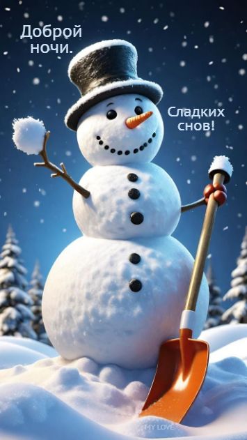 Открытка «Пожелание»: Добрый снеговик желает сладких снов. Тэги: позитив, зима, милая, снег, снеговик, мороз, ночь…